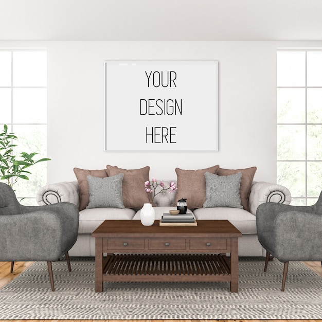 Artwork mockup, living room with horizontal frame, scandinavian interior