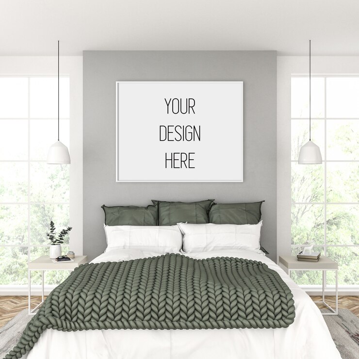 PSD artwork mockup, slaapkamer met horizontaal frame, scandinavisch interieur