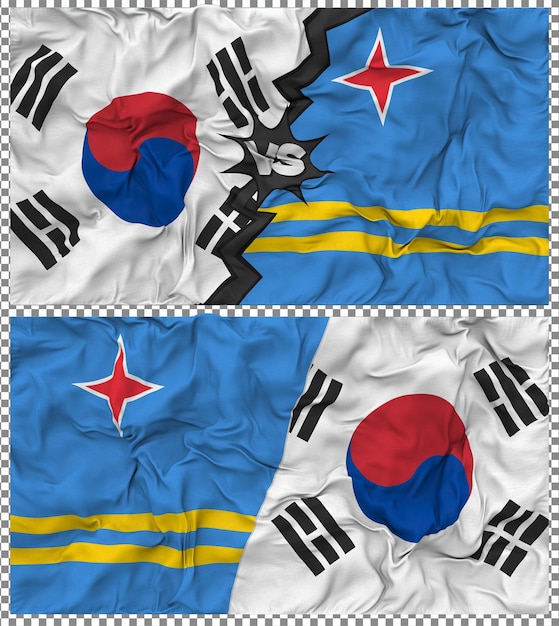 Aruba versus Zuid-Korea Half Combined Flag Cloth Bump Texture 3D Rendering
