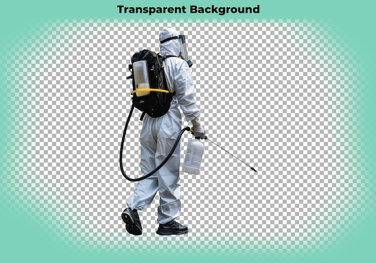 PSD asbestos a man in full disinfecting kit spraying medicine for bugs and insects isolated