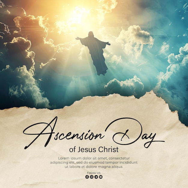 PSD ascension day poster template with a cinematic film still of jesus christ ascending into heaven glow