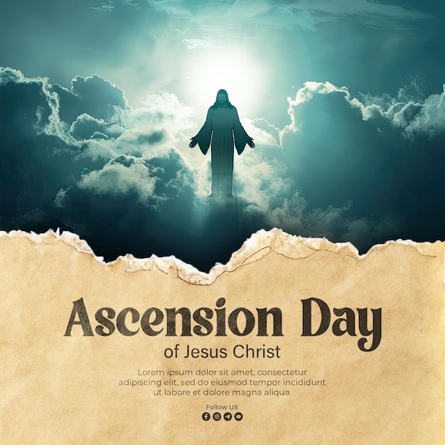 Ascension day poster template with a cinematic film still of jesus christ ascending into heaven glow