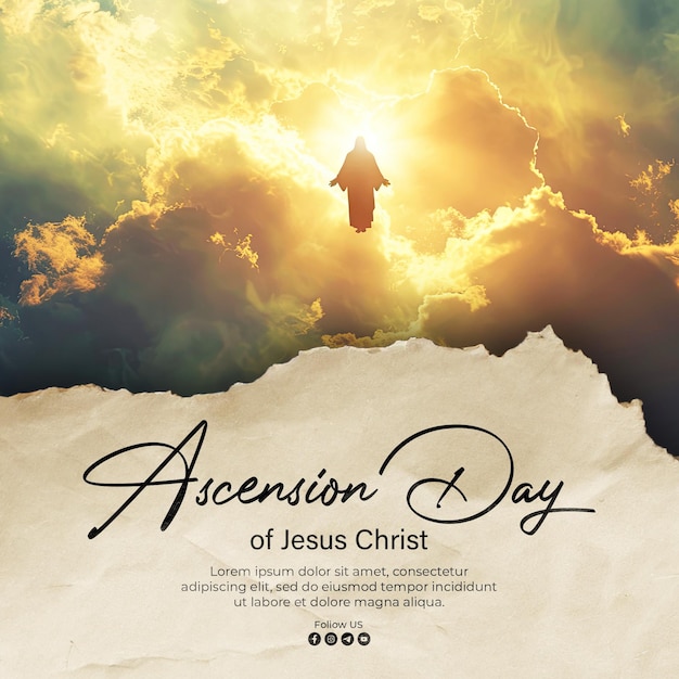 PSD ascension day poster template with a cinematic film still of jesus christ ascending into heaven glow