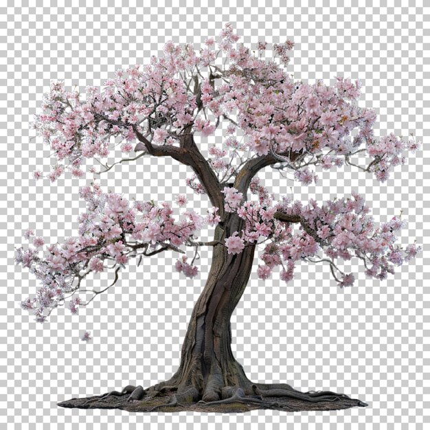 Ash tulip bonsai blossom tree with pink flowers isolated on transparent background