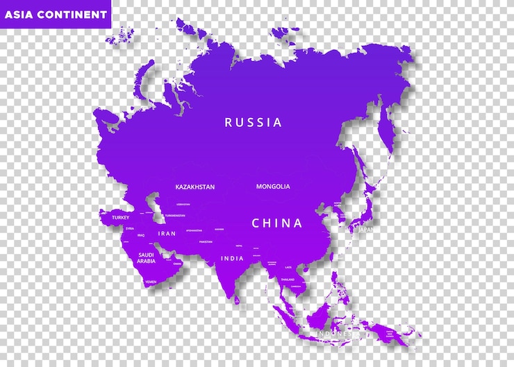 PSD asia continent purple color map on transparent background