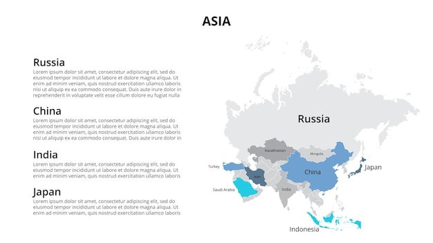 PSD Инфографический шаблон карты азии, разделенный по странам слайд-презентация
