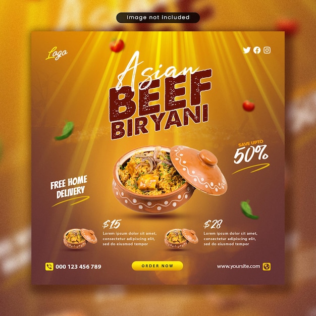 Asian beef biryani social media post modello di banner quadrato