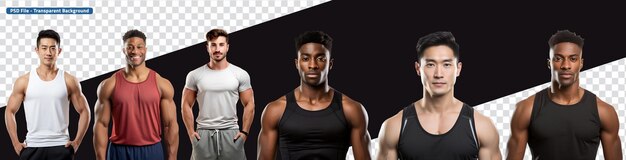 PSD asian black and american men set of bodybuilders sporty guys fitness instructors