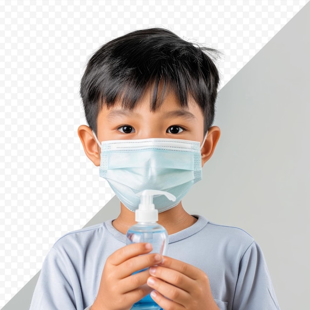 PSD 医療用フェイスマスクを着たアジアの少年が、ウイルスを殺すための手指消毒剤アルコールジェルを消毒する