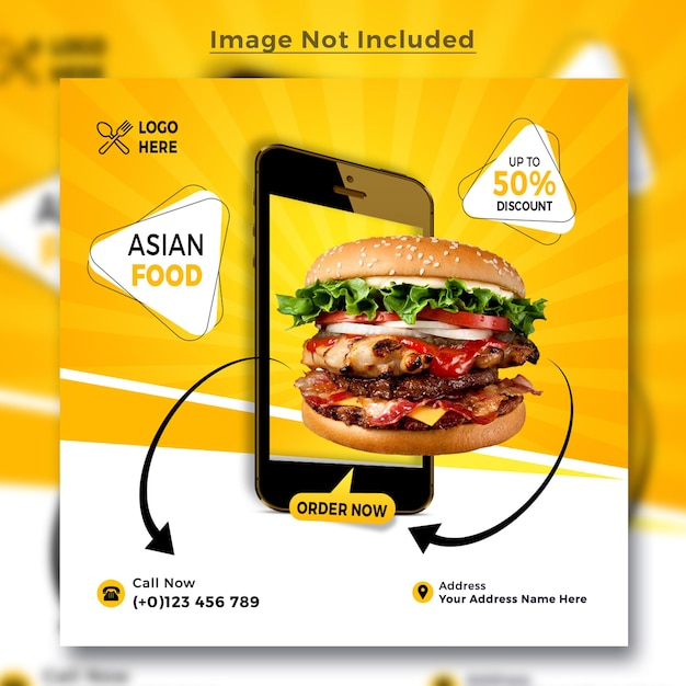 PSD banner post instagram dei social media del menu asian burger food