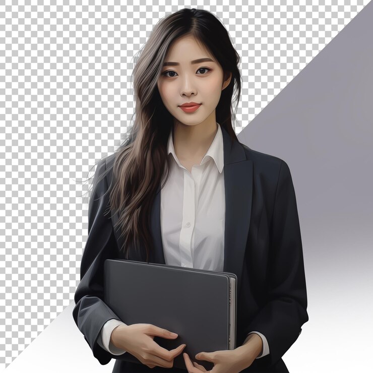 PSD 회색 노트북을 들고 있는 슈트 입은 아시아 사업가