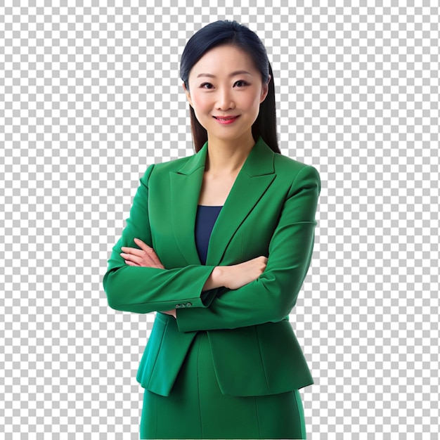 PSD donna d'affari asiatica che indossa un abito verde da lavoro