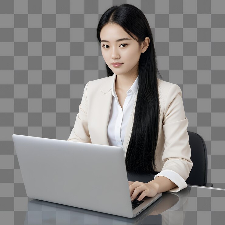 PSD 투명한 배경에 노트북을 사용하는 아시아 여성 사업가
