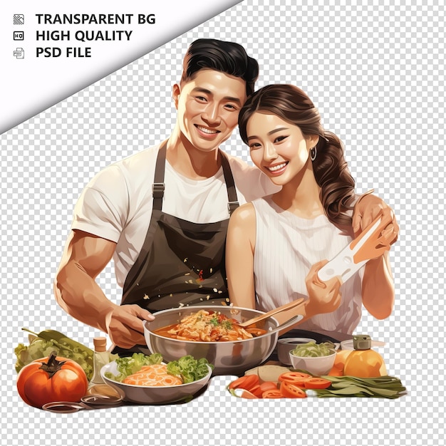 PSD asian couple cooking ultra realistic style white backgrou