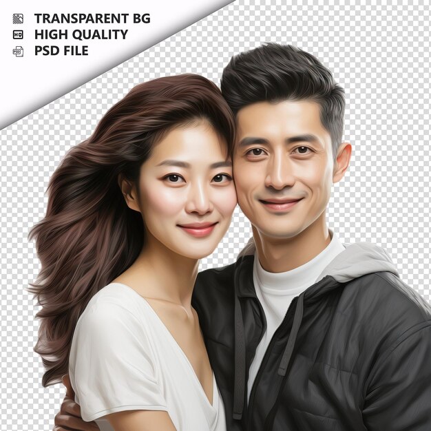 PSD asian couple drawing ultra realistic style white backgrou