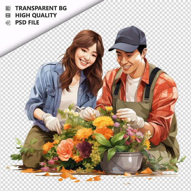 Asian couple gardening ultra realistic style white backgr