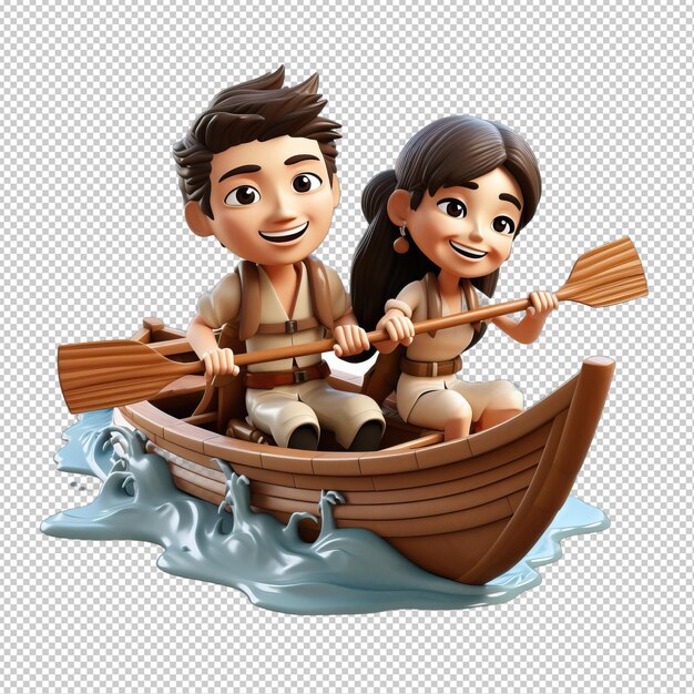 PSD asian couple paddling 3d cartoon style transparent background i