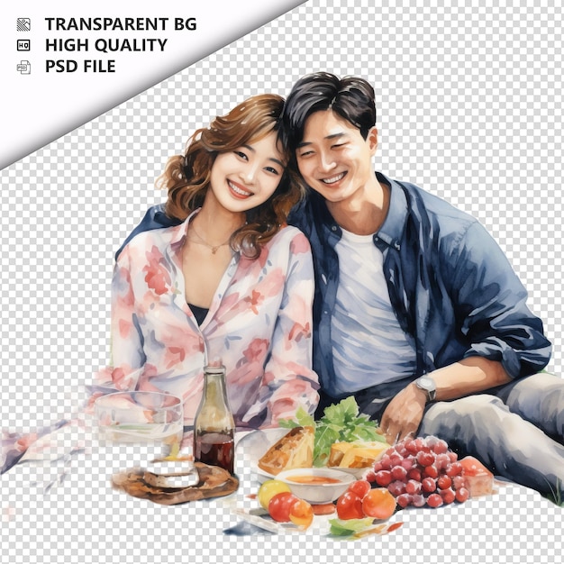 Asian couple picnicking ultra realistic style white backg