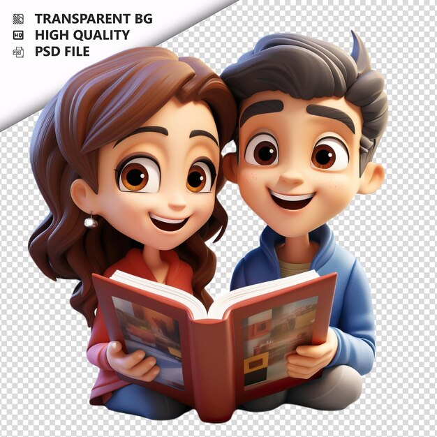 PSD asian couple reading 3d cartoon style white background is