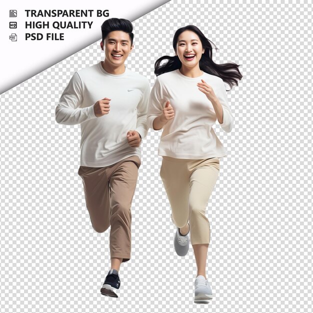 Asian couple running ultra realistic style white backgrou