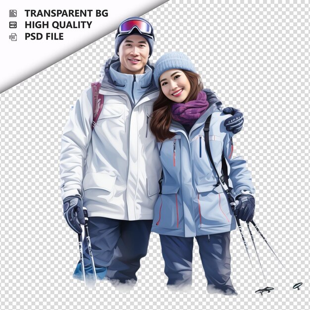 PSD asian couple skiing ultra realistic style white backgroun