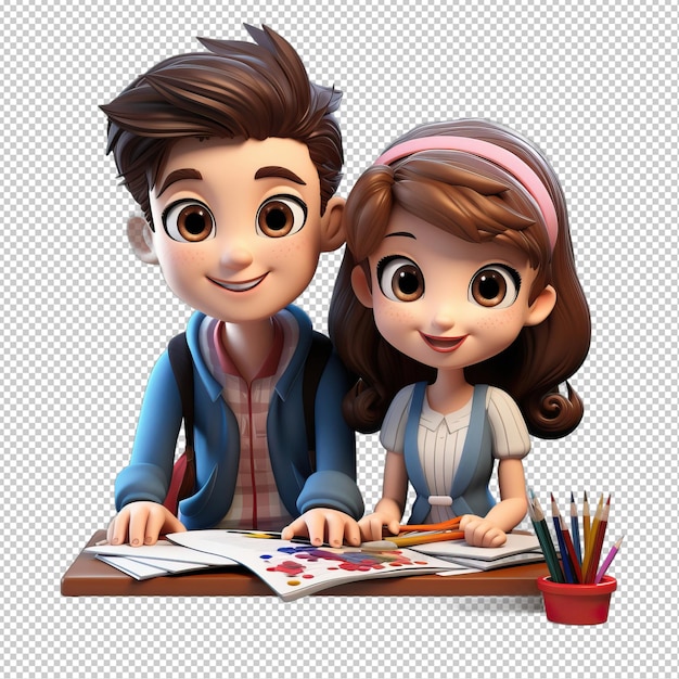 Asian couple writing 3d cartoon style transparent background is