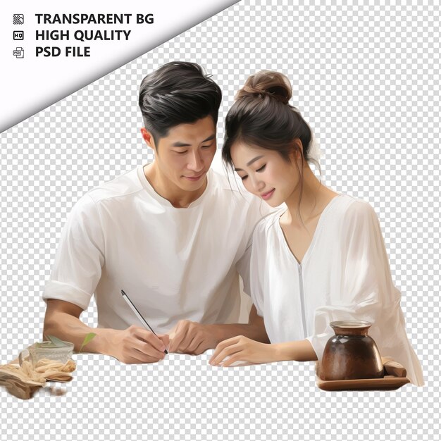 PSD asian couple writing ultra realistic style white backgrou