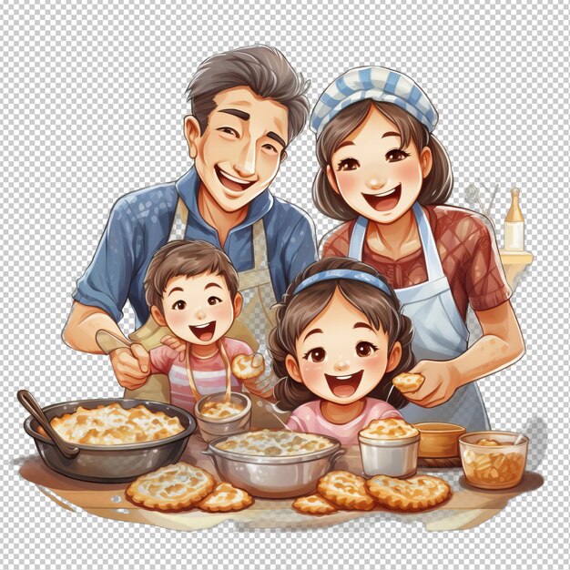 PSD asian family baking 3d cartoon style sfondo trasparente iso