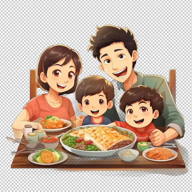 Asian family dining 3d cartoon style transparent background iso