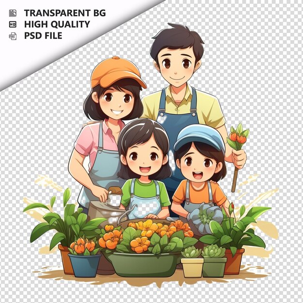 PSD asian family gardening 3d cartoon style white background