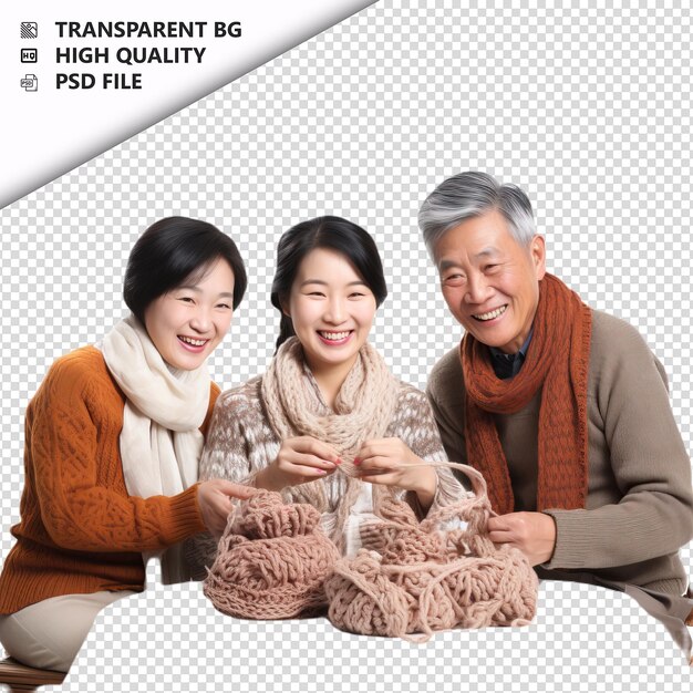 PSD asian family knitting ultra realistic style con sfondo bianco