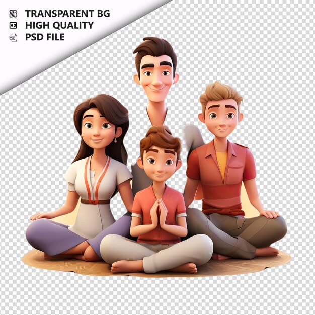 Asian family meditating 3d cartoon style white background