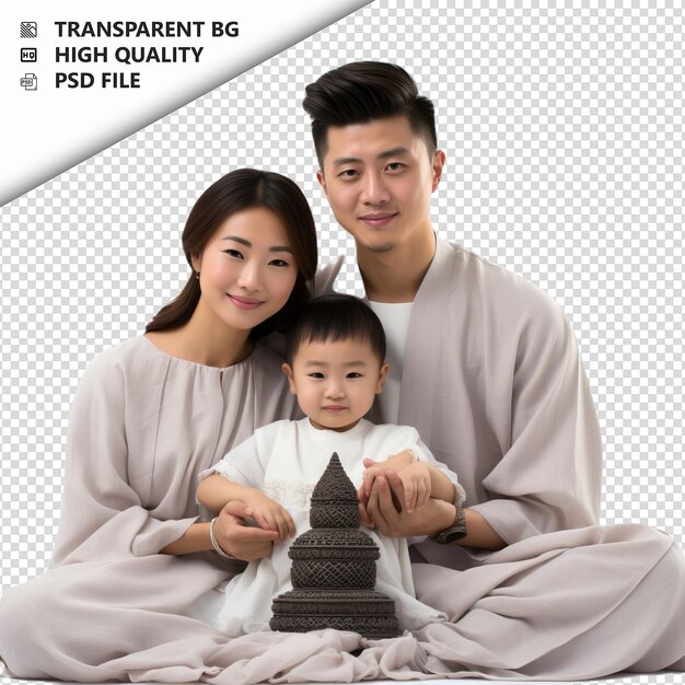 Asian family meditating ultra realistic style white backg