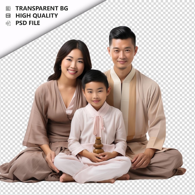 Asian family meditating ultra realistic style white backg