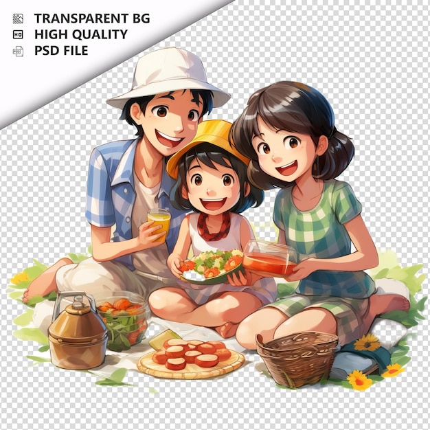 PSD Азиатский семейный пикник в стиле мультфильмов на белом фоне