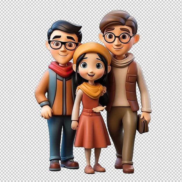 PSD famiglia asiatica che gioca in 3d sullo sfondo trasparente in stile cartone animato