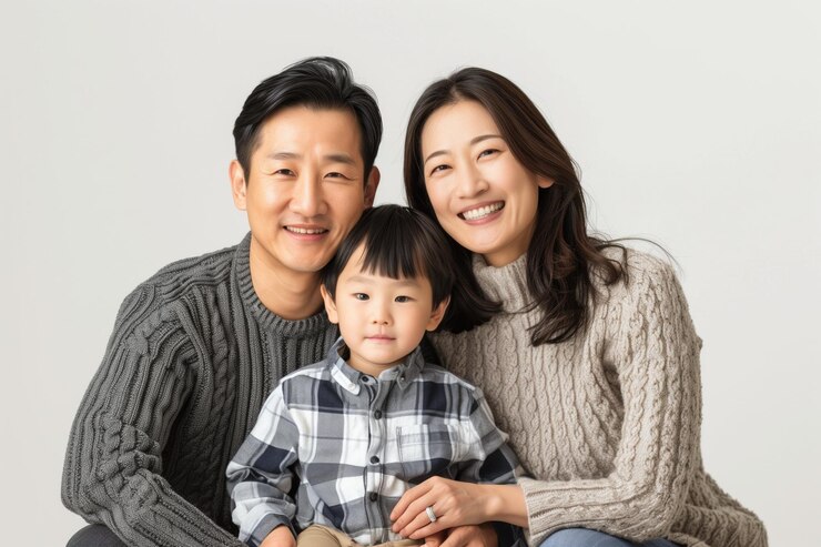 PSD コピースペース付きのアジア系家族スタジオ写真