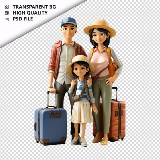 Famiglia asiatica in viaggio in 3d in stile cartone animato sullo sfondo bianco