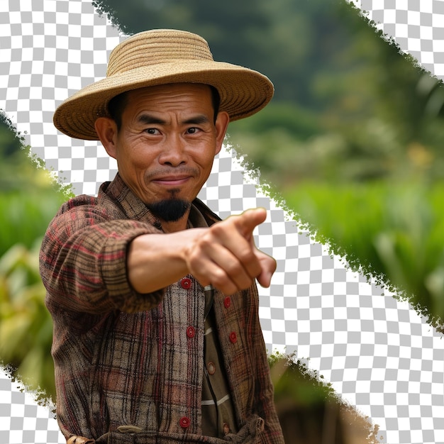 PSD agricoltore asiatico che indossa abiti tradizionali puntando alla telecamera