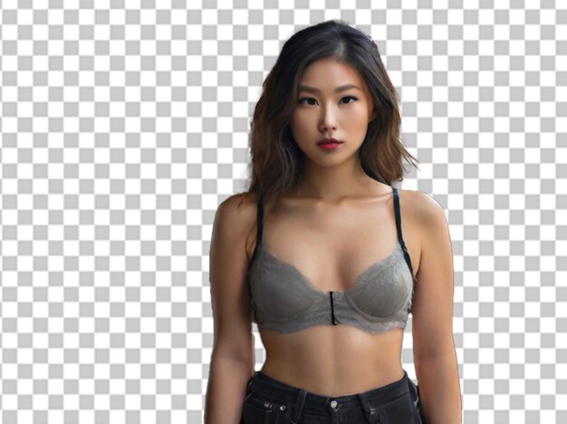 PSD asian female in bra with hands in pockets