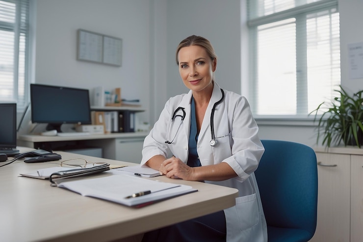 PSD asian female doctor sitting her hospital office and looking at camera