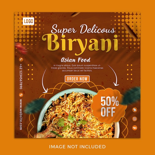 PSD 아시아 음식 인도 biryani 소셜 미디어 게시물 템플릿