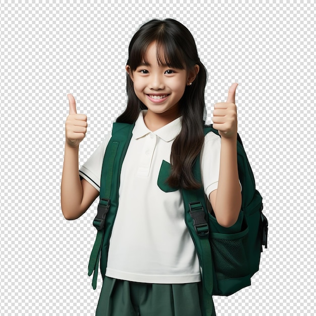 PSD 행복한 아시아 학생 소녀는 투명한 generative ai에 고립된 psd처럼 엄지손가락을 보여줍니다.