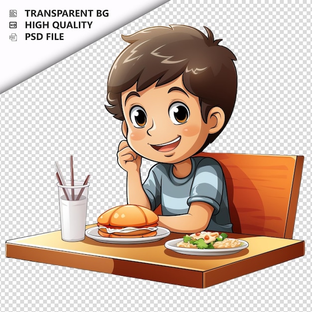 Asian kid dining 3d in stile cartone animato con sfondo bianco isolato