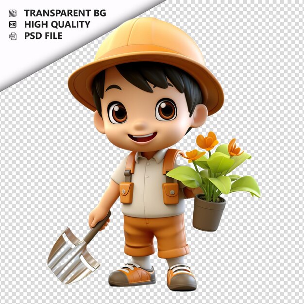 PSD asian kid gardening 3d cartoon style white background iso