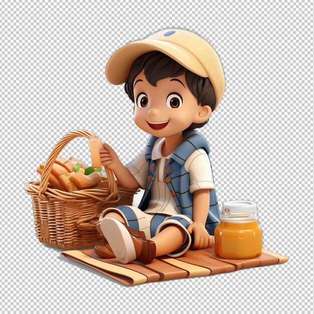 PSD asian kid picnicking 3d cartoon style transparent background is