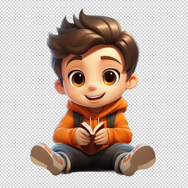 PSD asian kid reading 3d cartoon style transparent background isola