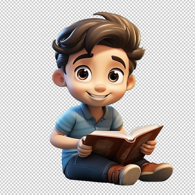 Asian kid reading 3d cartoon style sfondo trasparente isolato