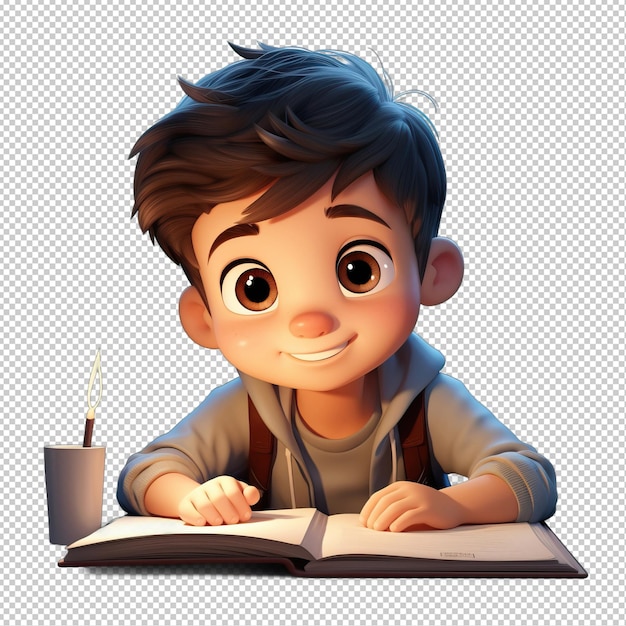 PSD asian kid writing 3d cartoon style sfondo trasparente isolato