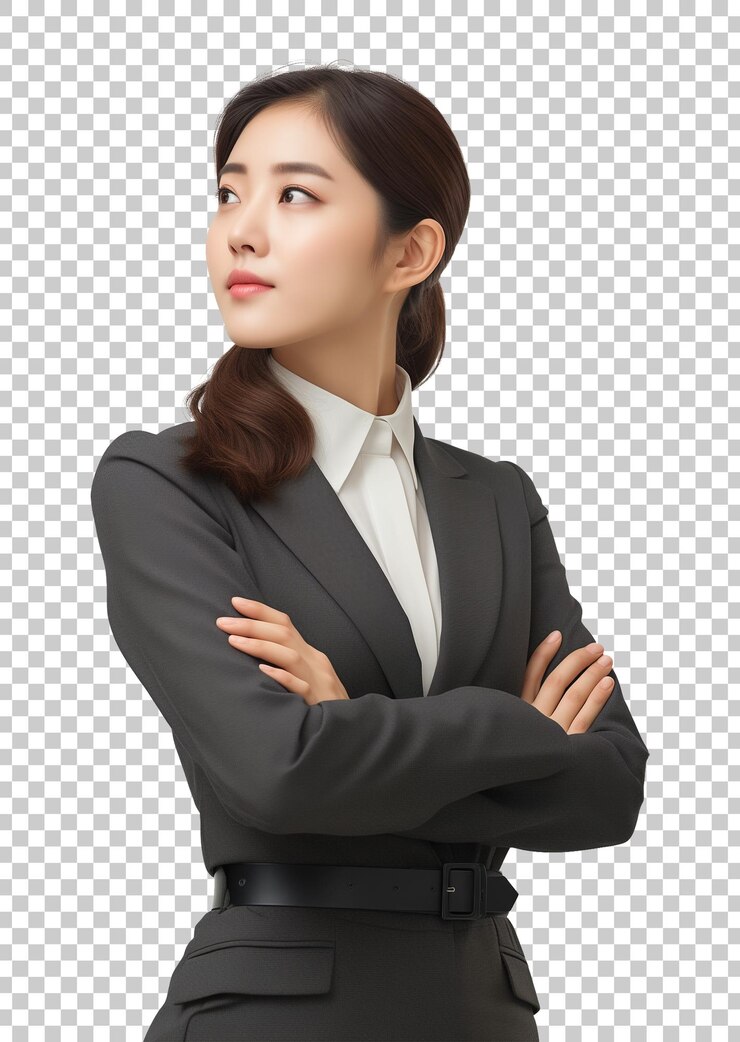 PSD 한국 여성 사업가, 팔을 은 모습, 투명한 배경에서 고립된 모습, png